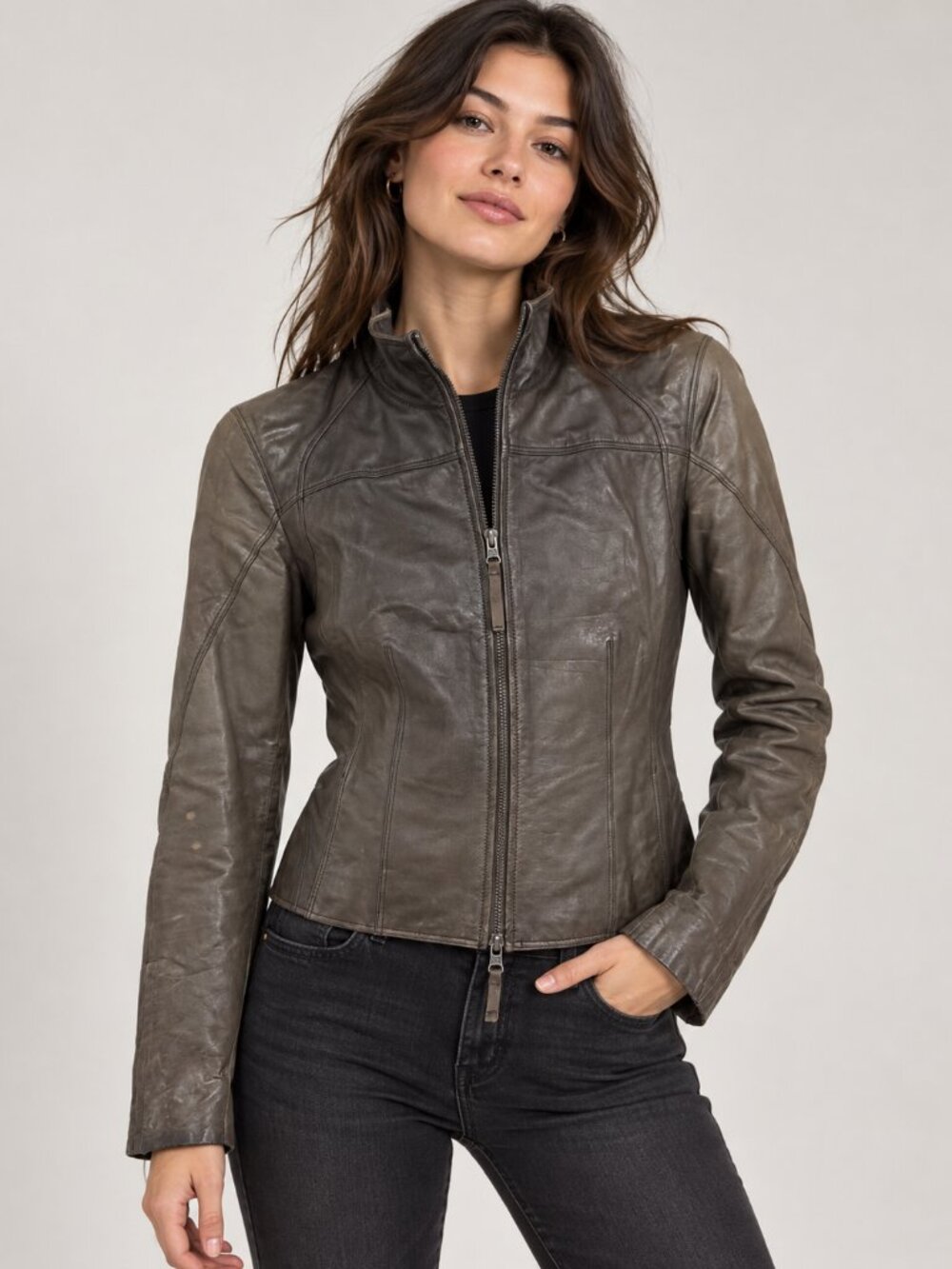 Express Genuine Leather Moto Jacket Gray Taupe Size S Fits XS